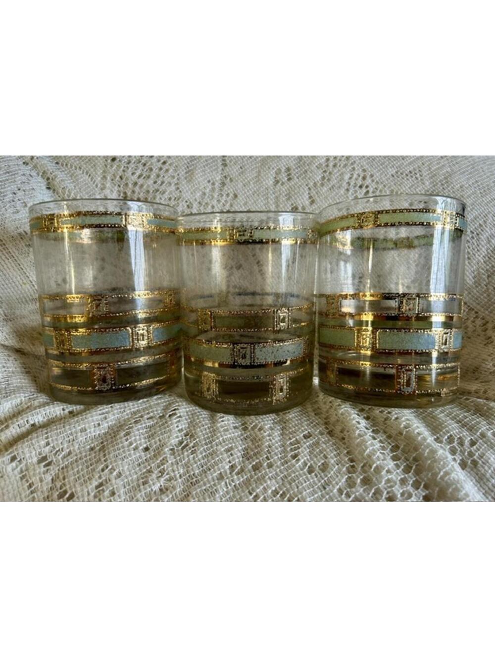 MCM Set of 3 Vintage Etched Glasses with Gold and Colored Geometric Design